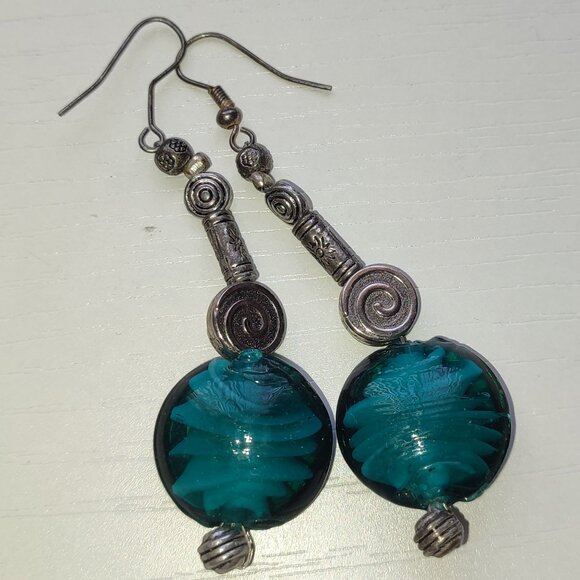 Glass Art Celtic Earrings Vintage Style Turquoise Aquamarine Primitive Cool - Picture 1 of 5